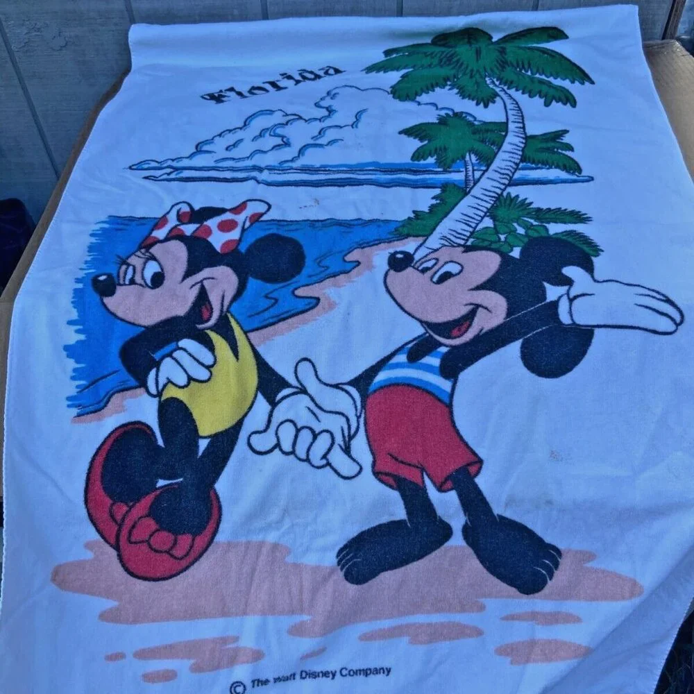 Vintage 90s Disney Retro Beach Towel Mickey Minnie Mouse Florida Palm Tree